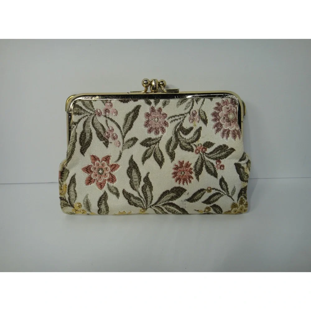 Baronet Vintage Floral Tapestry Tri-Fold Wallet Genuine Cowhide Kiss Lock Cream